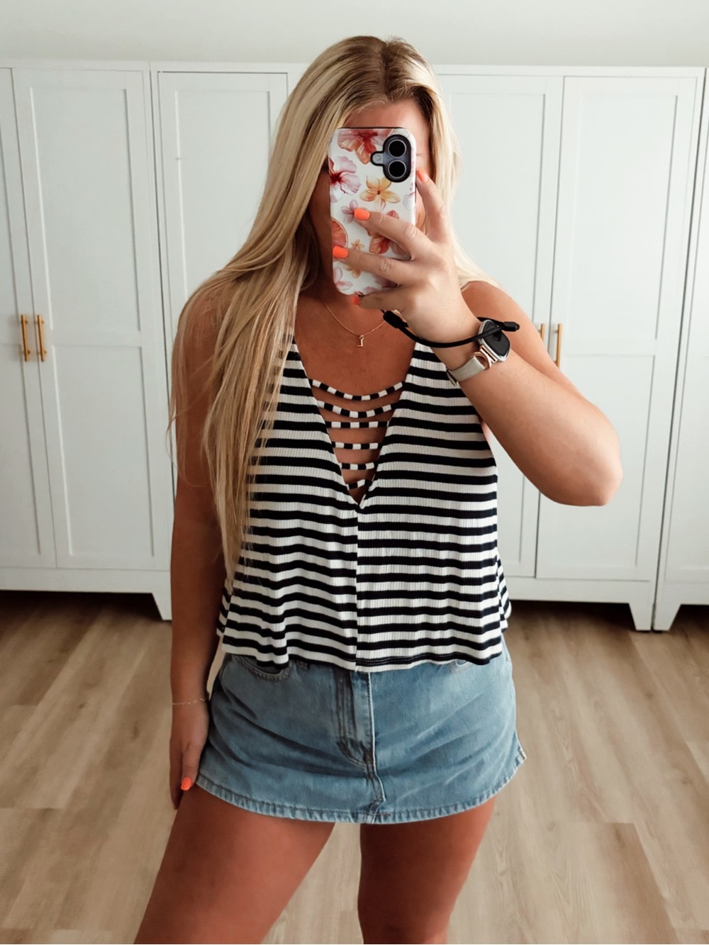 Blue and white stripped cut out tank top